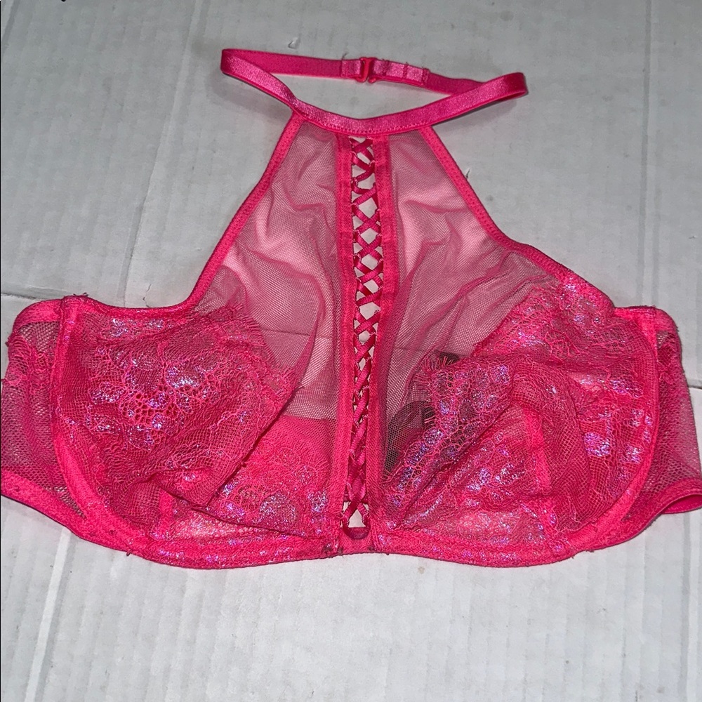 Victorias Secret Very Sexy High Neck Sheer Mesh Unlined Bralette Bra Pink Medium